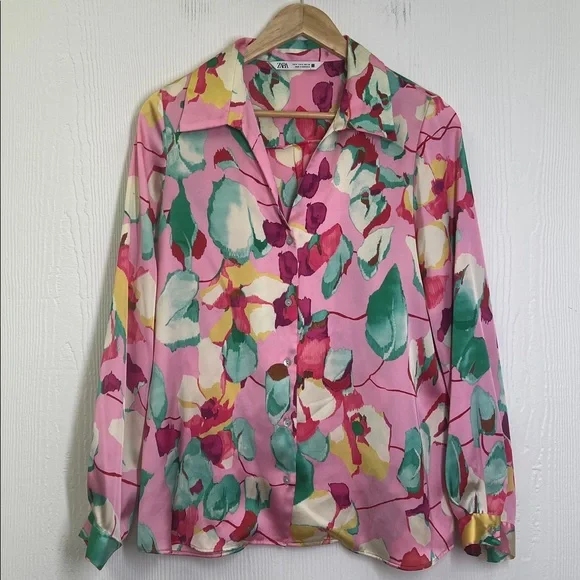 Zara - Bright Colorful Floral Satin Effect Button Down Long Sleeve Blouse Size S - Picture 7 of 9